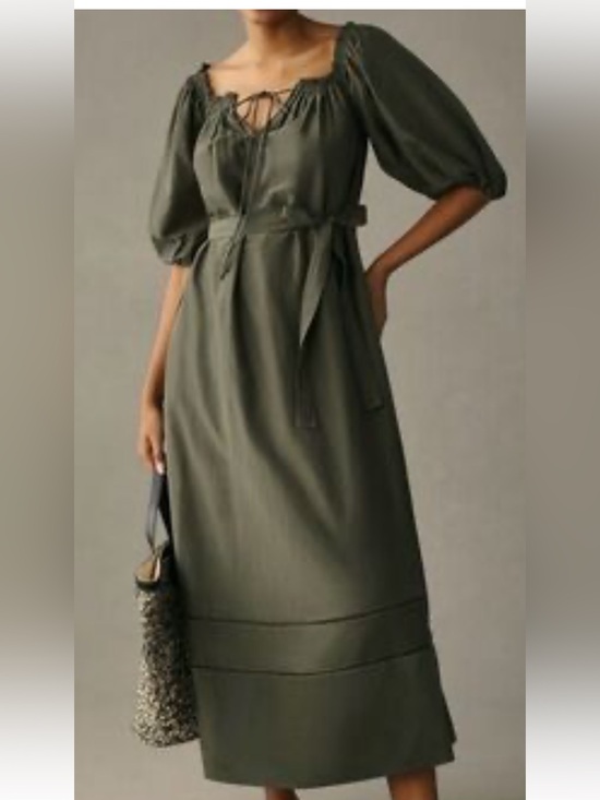 Anthropologie Dresses & Skirts - Anthropologie Olive Green Lace-Up Puff Sleeve Midi Dress large